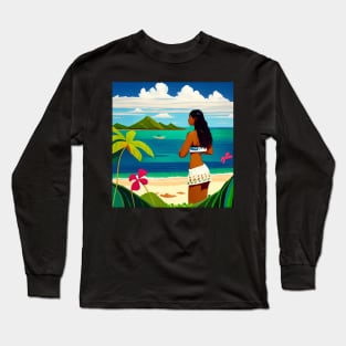 Hula Girl Hawaiian Luau Impressionist Painting Hawaii Island Floral Long Sleeve T-Shirt